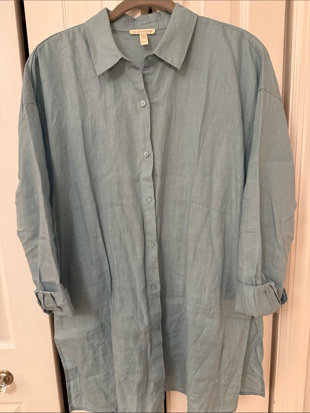 Eileen Fisher Pale Blue Linen Button-Down Tunic Shirt